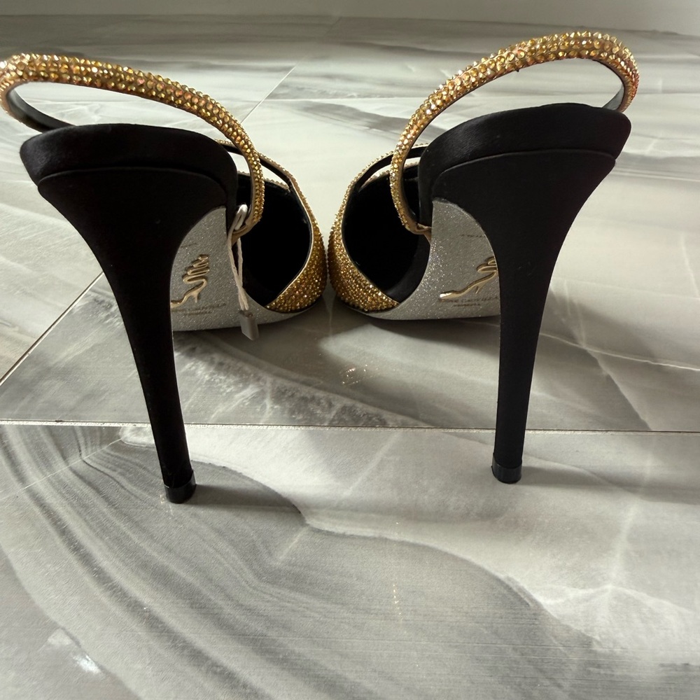 Rene Caovilla Black and Gold Crystal Strappy Pointed Slingback Heels - Picture 5 of 6